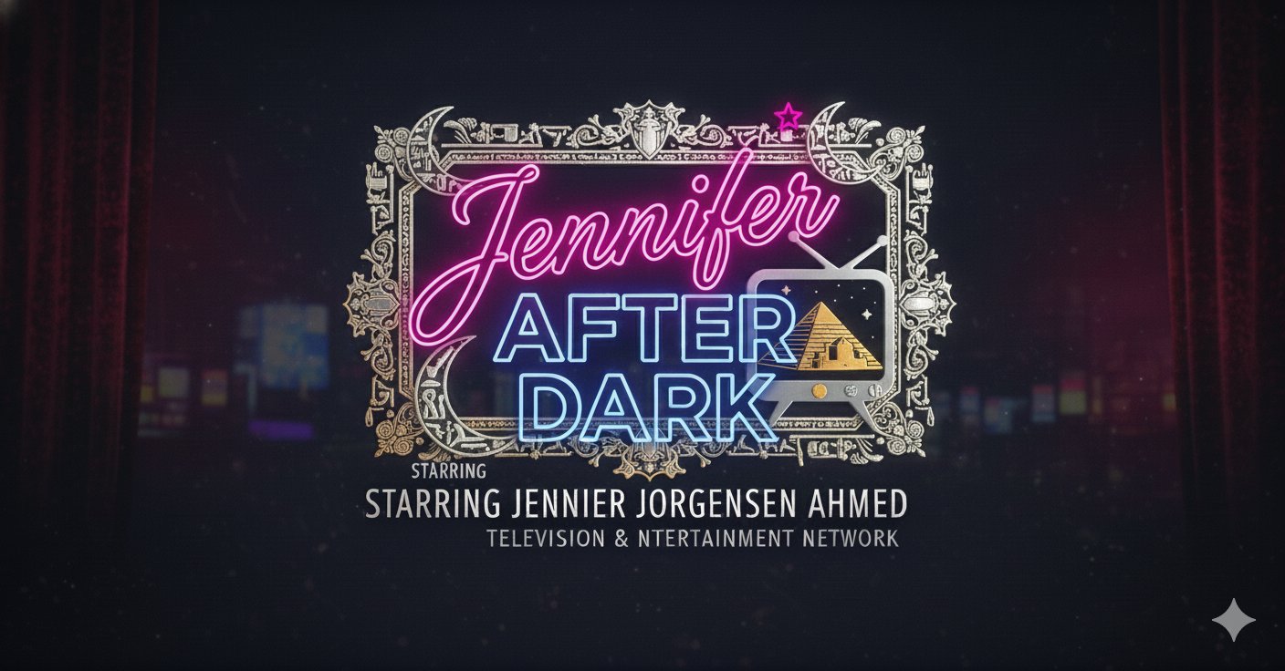 Ornately framed Jennifer After Dark neon logo with Egyptian pyramid television emblem