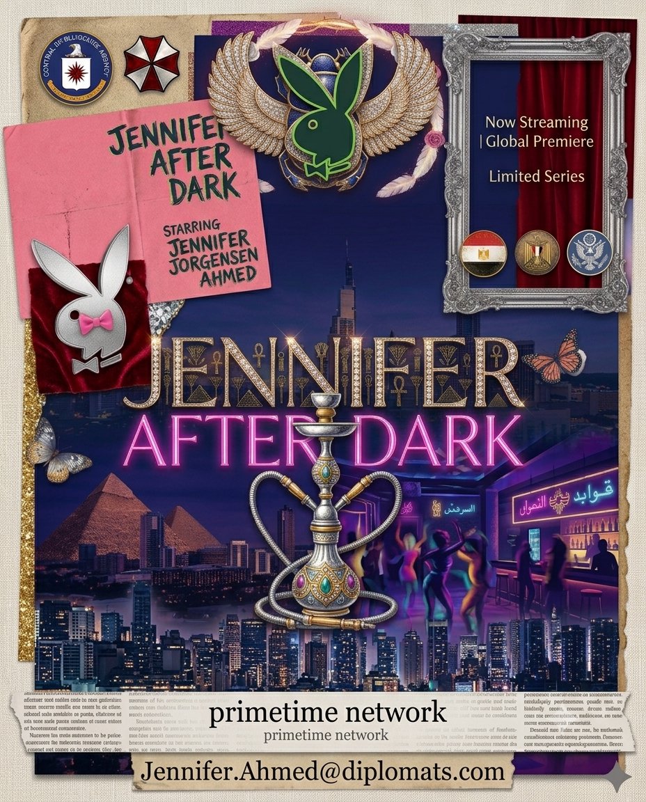 Jennifer After Dark collage with pyramids, Houston skyline, hookah, and Egyptian emblems
