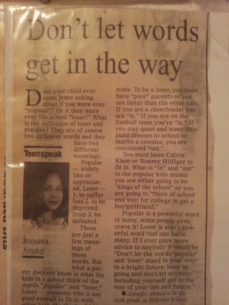 Newspaper article, “Don’t let words get in the way,” by Jennifer Ahmed
