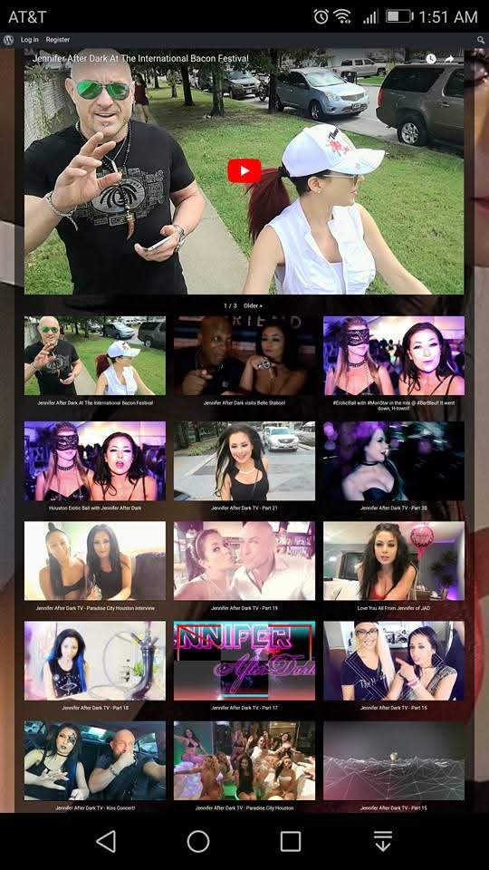 Screenshot of the original Jennifer After Dark website video page — Jennifer After Dark at the International Bacon Festival, above a grid of episode thumbnails