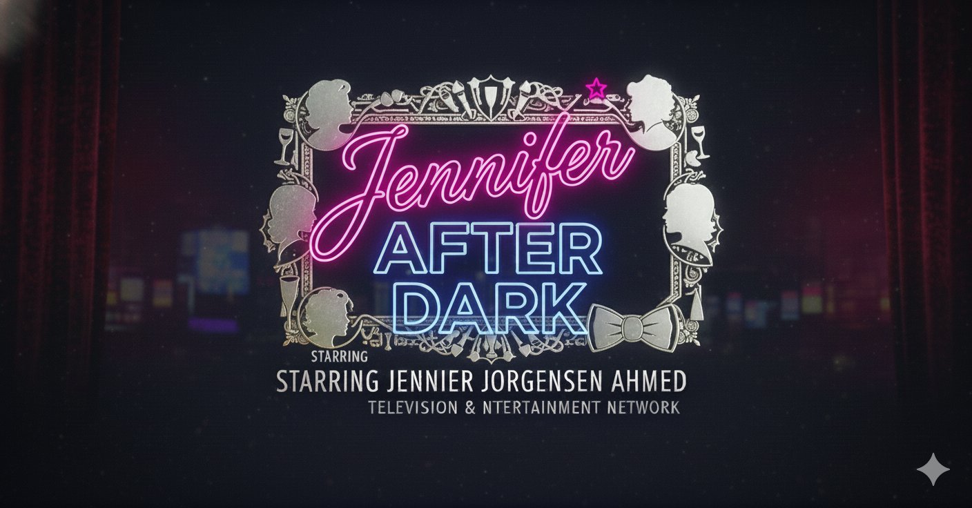 Ornately framed Jennifer After Dark neon logo with classic entertainment silhouettes