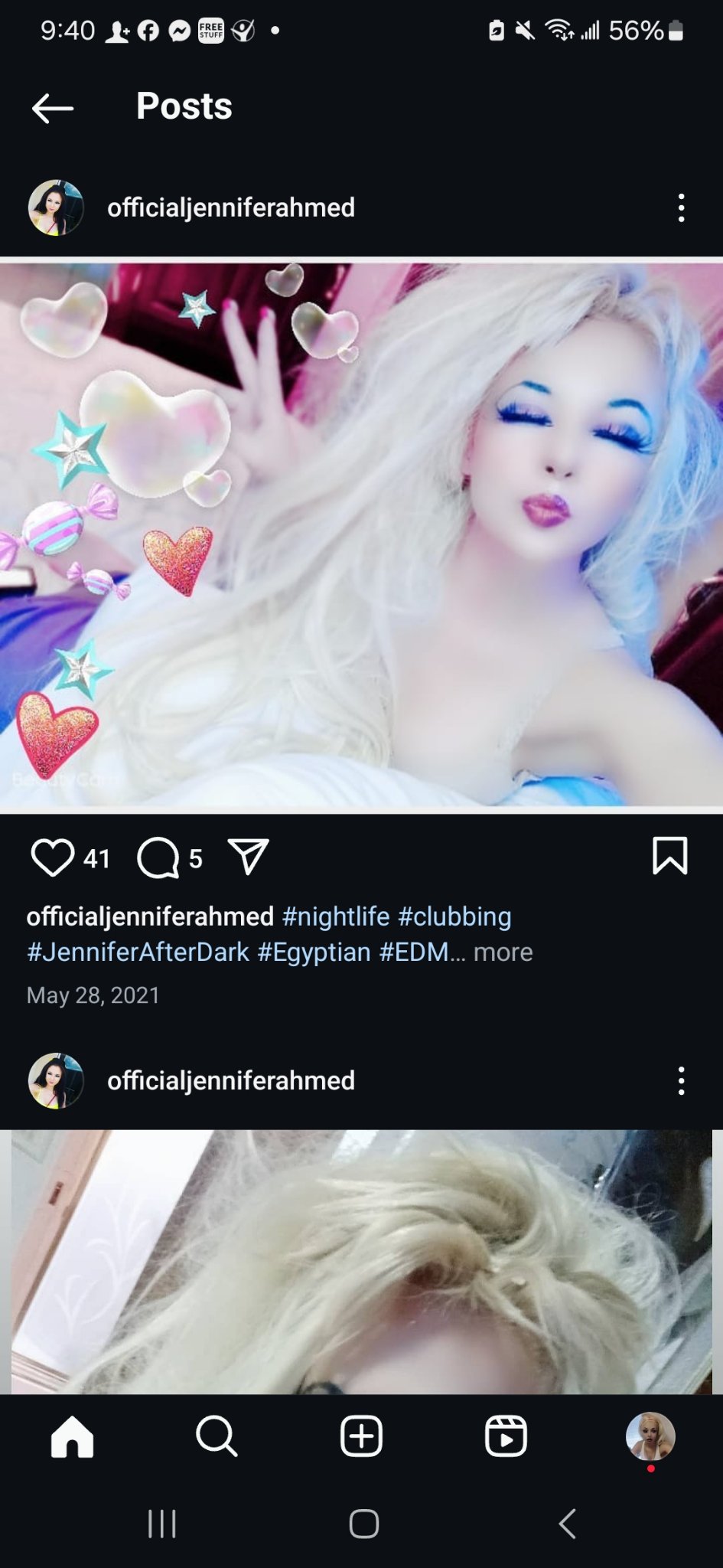 Jennifer Jorgensen Ahmed with platinum blonde hair surrounded by heart and star stickers, from her Instagram