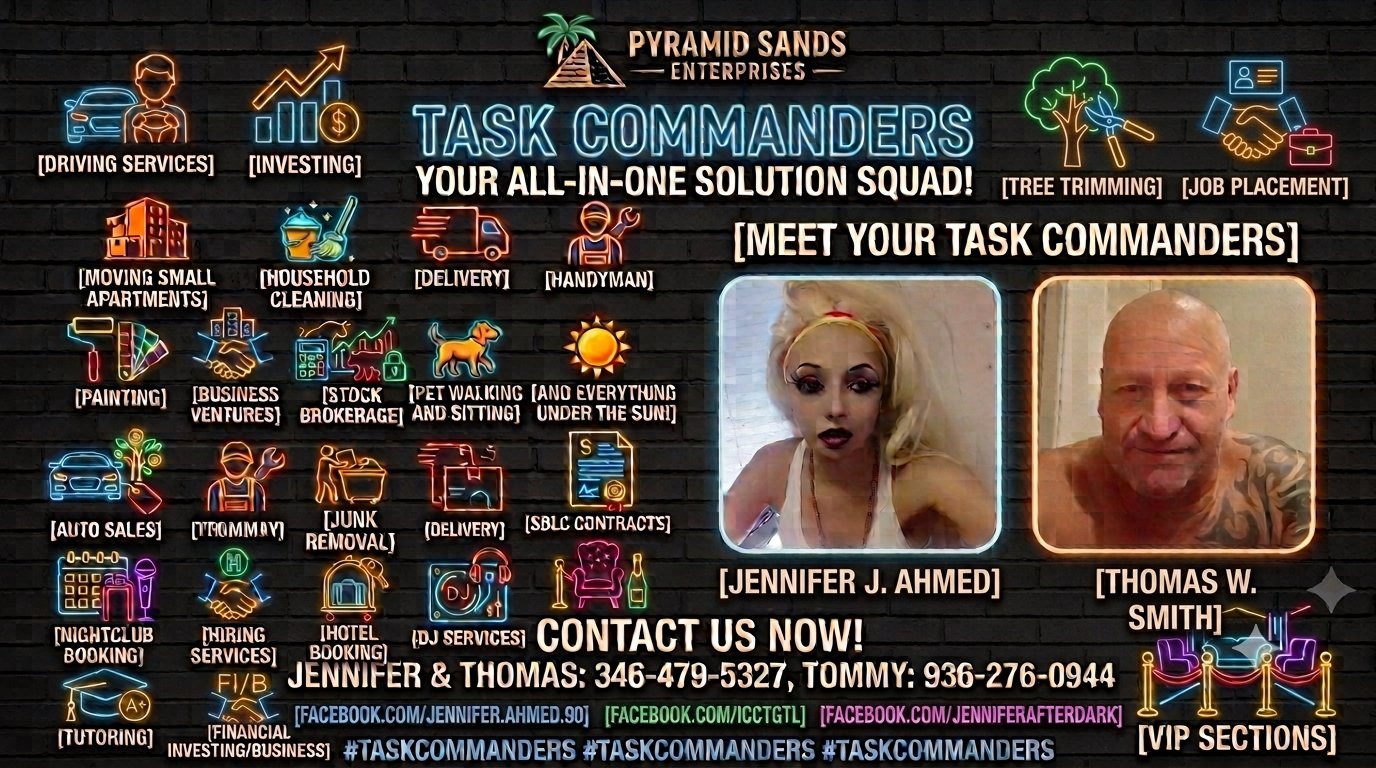 Pyramid Sands Enterprises Task Commanders services flyer featuring Jennifer J. Ahmed and Thomas W. Smith
