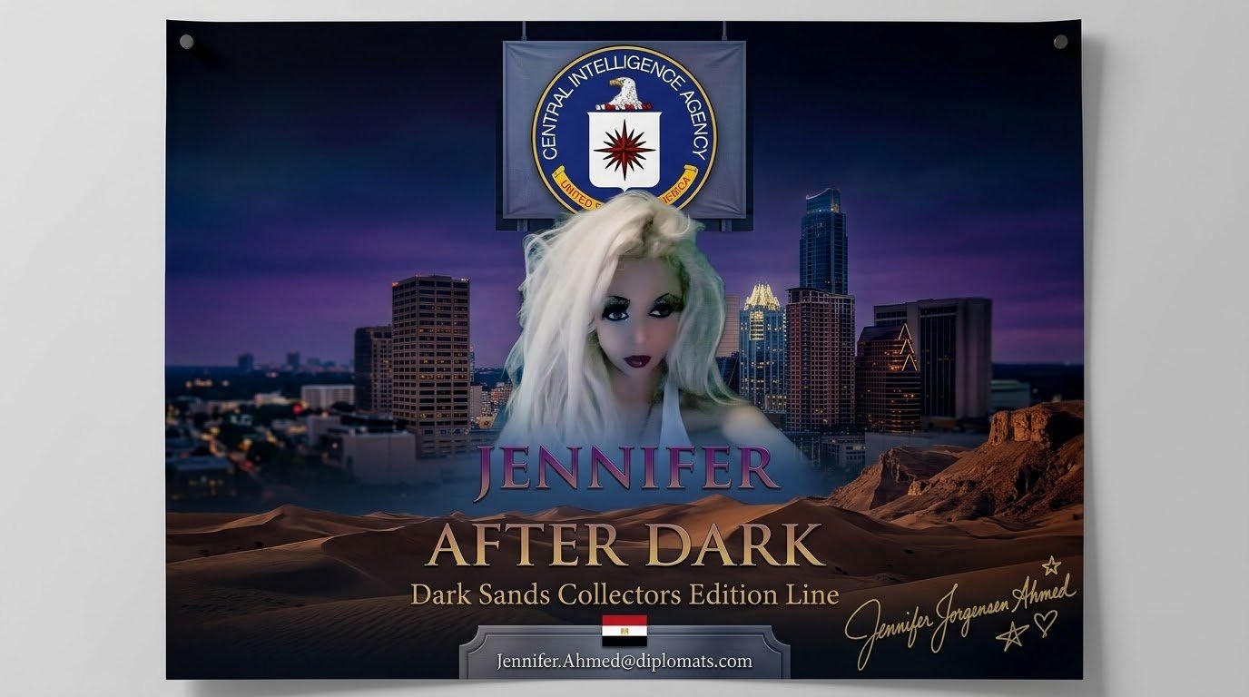 Dark Sands Collectors Edition Line poster — Jennifer over the Austin skyline and desert dunes