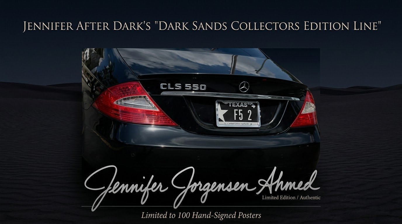 Dark Sands Collectors Edition Line poster — Mercedes CLS 550, Texas plate F5 2, limited to 100 hand-signed posters