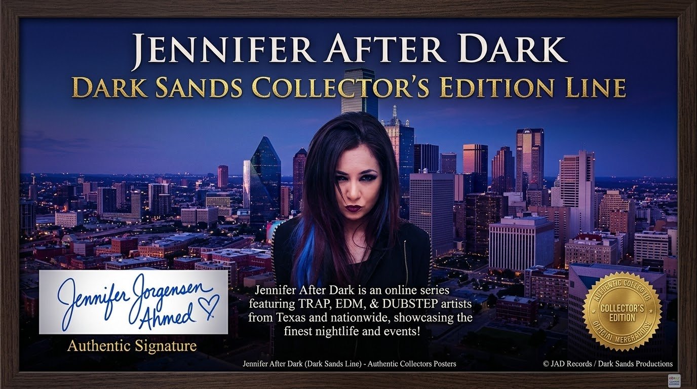 Dark Sands Collector's Edition Line framed poster — Jennifer over the Dallas skyline, Authentic Signature