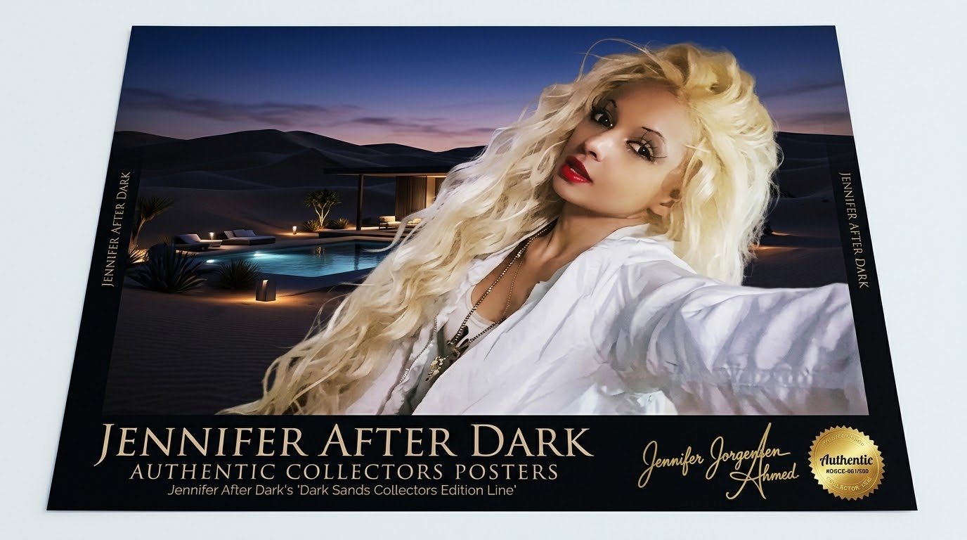Dark Sands Collectors Edition poster — Jennifer in a white shirt over a desert night scene, with gold Authentic seal