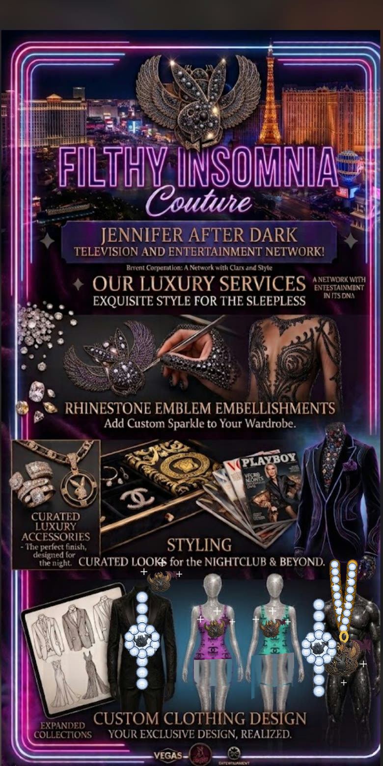 Filthy Insomnia Couture flyer for Jennifer's clothing line, with her winged Jennifer After Dark crest bling on the outfits
