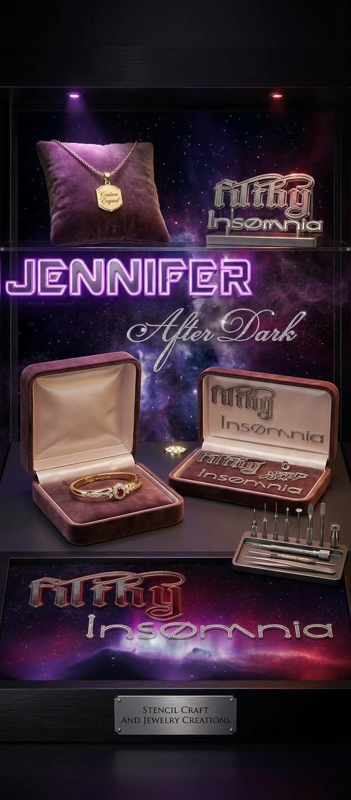 Jennifer After Dark and Filthy Insomnia stencil craft and jewelry display