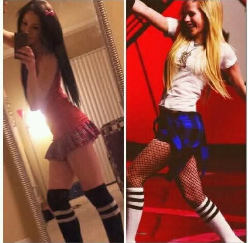 Jennifer Jorgensen Ahmed in a plaid skirt and knee-high socks, side-by-side photo collage