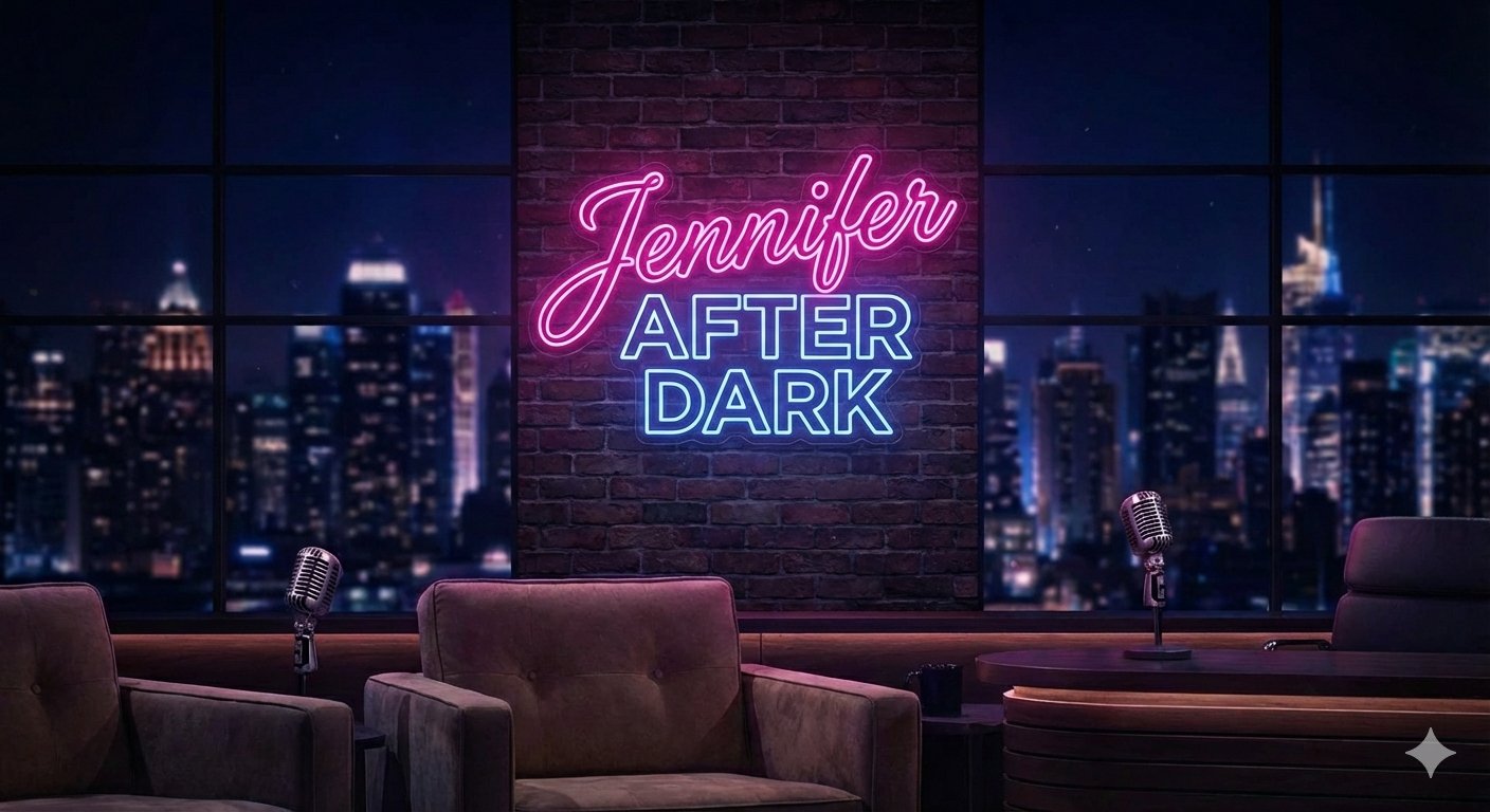 Jennifer After Dark neon sign in a late-night talk-show studio