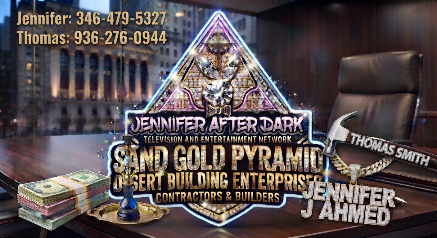 Sand Gold Pyramid Desert Building Enterprises office poster with a Jennifer J Ahmed nameplate